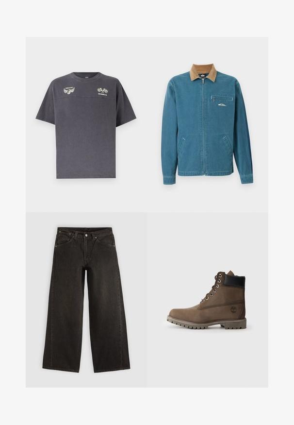 Veste bleue à fermeture éclair avec col en velours côtelé marron, deux poches inférieures et poche poitrine zippée ornée d'un petit logo vague blanc.; T-shirt gris foncé à manches courtes avec col rond, présentant des logos de pneu ailé et de drapeaux à damier croisés avec le texte "COMIN' IN HOT" et "LEVI STRAUSS & CO.".; Jean noir à jambes larges avec poches avant, fermeture par boutons et passants de ceinture, présenté à plat sur un fond clair.; Bottines en cuir marron avec un col noir, œillets en métal et semelle grise robuste. Comprend un logo sur le côté et des détails cousus.