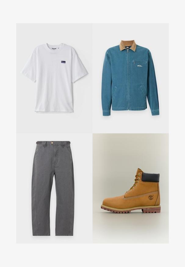 Blaue Jacke mit Reißverschluss, braunem Cordkragen, zwei unteren Taschen und einer Brusttasche mit Reißverschluss, die ein kleines weißes Wellenlogo trägt.; Weißes T-Shirt aus Baumwolle mit Rundhalsausschnitt, kurzen Ärmeln und einem navyblauen rechteckigen Logo-Patch auf der linken Brustseite.; Graue Hose mit geradem Bein, vorderen Taschen, Gürtelschlaufen und einem Messing-Knopfverschluss, dargestellt vor weißem Hintergrund.; Brauner Leder-Stiefelette mit schwarzem Kragen, gelben Schnürsenkeln und hellbrauner Sohle. Verfügt über ein Logo und weiße Ziernähe. Robuste Profilsohle.