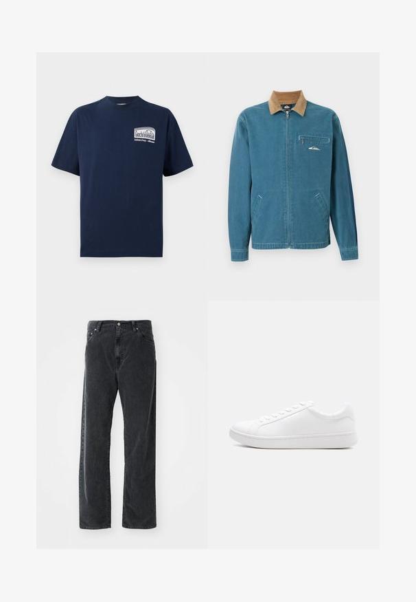 Blauwe jas met rits en een bruine corduroy kraag, twee zakken aan de onderkant en een borstzak met rits, voorzien van een klein wit golflogo.; Marineblauwe katoenen t-shirt met een ronde hals. De voorkant heeft een witte grafische afbeelding met de tekst "Giochi Invernali" in een rechthoekig ontwerp. Korte mouwen.; Zwarte corduroy broek met rechte pijpen, voorzakken, riemlussen en knoopsluiting, weergegeven op een witte achtergrond.; Witte lage sneaker met veterluiting, glad leren bovenwerk en dikke rubberen zool, zijaanzicht op een effen achtergrond.