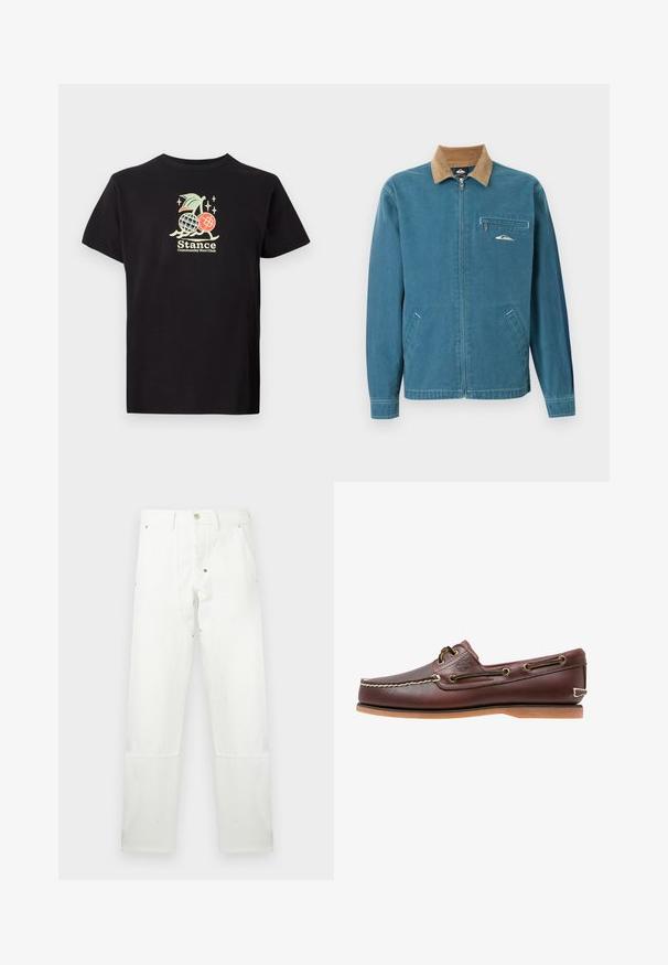 Blaue Jacke mit Reißverschluss, braunem Cordkragen, zwei unteren Taschen und einer Brusttasche mit Reißverschluss, die ein kleines weißes Wellenlogo trägt.; Schwarzes Baumwoll-T-Shirt mit einem bunten Grafikdruck, der eine Ananas und Kirschen zeigt. Der Text lautet "Stance Community Run Club." Mit kurzen Ärmeln.; Weiße gerade geschnittene Hose mit Knopf- und Reißverschluss, Gürtelschlaufen, Vordertaschen und verstärkten Kniepartien.; Brauner Leder-Bootsschuh mit weißen Nähten, Schnürdetails und hellbrauner Gummisohle, seitlich auf weißem Hintergrund gezeigt.