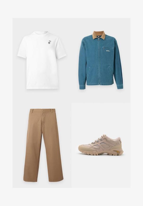 Veste bleue à fermeture éclair avec col en velours côtelé marron, deux poches inférieures et poche poitrine zippée ornée d'un petit logo vague blanc.; T-shirt blanc à manches courtes avec col rond et petit motif noir d'une crevette au-dessus d'une plante sur le côté gauche de la poitrine.; Pantalon beige à jambes larges avec passants pour ceinture, bouton sur le devant et fermeture éclair, présenté sur un fond clair uni.; Baskets de sport beiges avec une tige en maille texturée, revêtement synthétique et semelle extérieure Vibram. Comprend un système de laçage et des détails sur les panneaux latéraux.