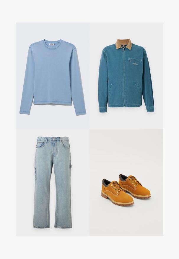 Veste bleue à fermeture éclair avec col en velours côtelé marron, deux poches inférieures et poche poitrine zippée ornée d'un petit logo vague blanc.; Chemise bleu clair à manches longues avec col rond et une petite étiquette "Weekday" à l’intérieur du col, posée à plat sur un fond clair.; Pantalon cargo en denim bleu clair avec une coupe décontractée, doté de poches latérales, d'une coupe droite et de détails de couture visibles.; Chaussures en daim marron avec un bout rond, des lacets jaunes, un col rembourré noir et des semelles en caoutchouc avec des rainures de traction.