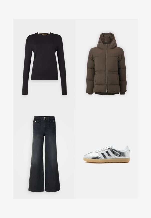 Veste de type doudoune brune avec capuche, comportant une fermeture éclair, un tissu matelassé et des poignets élastiques. Conçue pour la chaleur et le confort.; Pull noir à manches longues en matériau tricoté lisse. Présente un col et des poignets côtelés, avec une silhouette ajustée et sans motifs visibles.; Jean large en denim noir avec taille haute, boutons sur le devant et deux poches avant ; texture lisse avec une légère finition décolorée.; Baskets basses avec texture en cuir de serpent métallique argenté, rayures blanches, lacets blancs et semelle en gomme claire sur fond blanc.