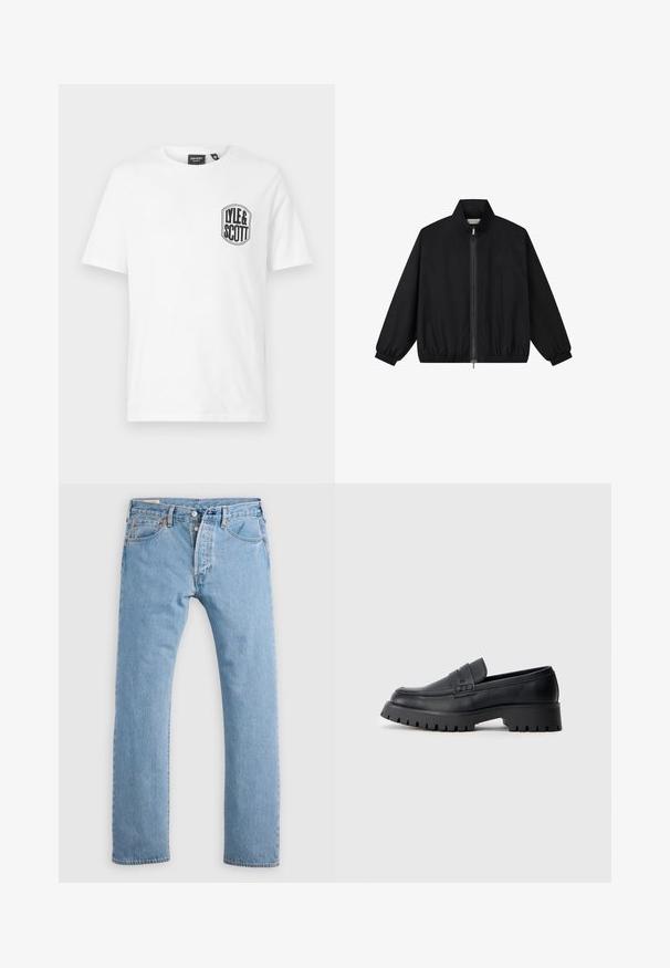 Musta vetoketjullinen takki, jossa korkea kaulus, joustavat hihansuut ja helma, vasemmassa rinnassa hienostunut kirjailtu kukkakuvio.; Valkoinen puuvillapaita, jossa on pyöreä kaula-aukko ja musta Lyle & Scott -logopainatus vasemmassa rinnassa. Lyhyet hihat, perusmuotoilu.; Vaaleansiniset suoranlahkeiset farkut, joissa on nappisulku, vyölenkit sekä etu- ja takataskut, esitelty valkoisella taustalla.; Musta nahkakengät, joissa on pyöreä kärki, koristeellinen nauha ja paksu kumipohja, jossa on syvät urat pidon parantamiseksi.