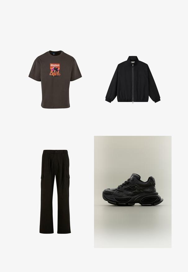 Schwarze Jacke mit Reißverschluss, hohem Kragen, elastischen Bündchen und Saum, mit einem dezenten bestickten Blumenmuster auf der linken Brust.; Dunkelbraunes Baumwoll-T-Shirt mit einem Grafikdruck eines Autos und dem Wort "Markt" in lebhaften Farben, mit lockerer Passform und kurzen Ärmeln.; Urban Classics WIDE - Cargohose - black; Schwarzer klobiger Sneaker mit strukturiertem Design, dicker Sohle und Schnürverschluss vor schlichtem neutralem Hintergrund.