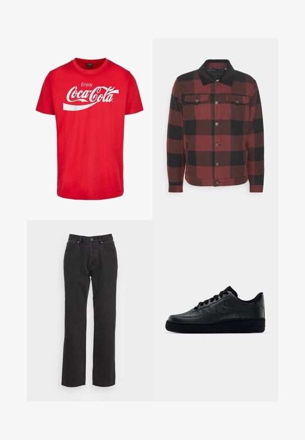 Only & Sons ONSLOUIS CHECK JACKET - Lichte jas - bordeaux; Rode katoenen T-shirt met korte mouwen, voorzien van een witte "Coca-Cola"-logo en een golvend ontwerp op de borst. Klassieke ronde halsstijl.; Zwarte denim jeans met een rechtzijdig ontwerp, voorzien van een voorste knoopsluiting, riemlussen en twee zijzakken. Gestructureerde stof.; Zwarte Nike Air Force 1 sneaker met een gladde leren bovenkant, geperforeerde neus voor ademend vermogen, zwarte veters en een getextureerde rubberen zool.