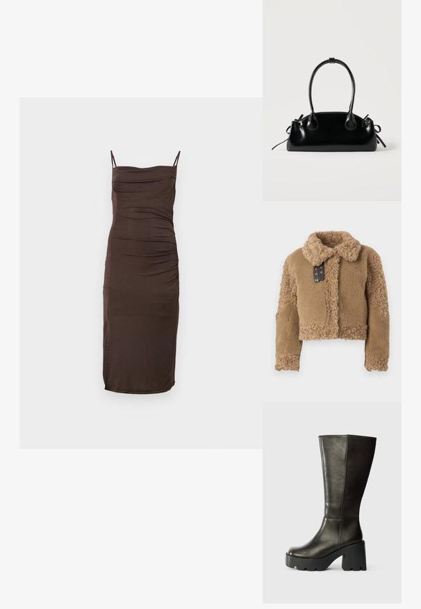 Veste en teddy shearling marron court avec un grand col et un détail de boucle en cuir noir sur la fermeture à l'avant.; Robe midi marron sans manches avec fines bretelles et détails froncés subtils sur le buste et sur le côté, présentée sur un fond clair uni.; Botte en cuir marron hauteur genoux avec un bout rond, une épaisse plateforme noire et un talon carré. Présente une texture lisse et des détails de couture minimalistes.; Petit sac à main noir brillant avec deux longues anses et des détails à cordon sur les côtés sur un fond clair uni.