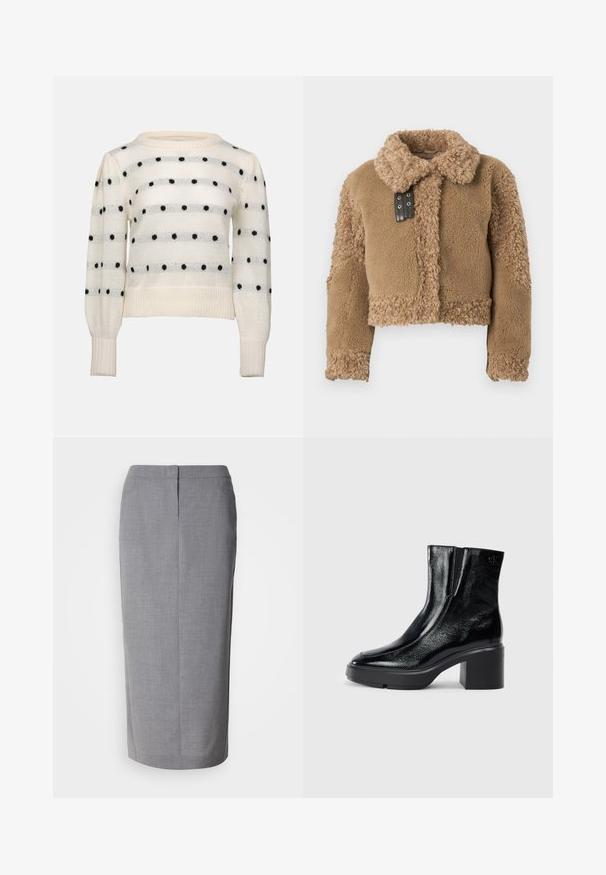 Kort brun teddy shearling jakke med stor krave og detalje i sort læder med spænde ved frontlukning.; Hvid strikket sweater med horisontale striber og sorte polka dots. Rund hals, lange ærmer, ribstrikkede manchetter og kant. Blød tekstur.; Grå blyantskirt lavet af struktureret stof, med lige snit, bagslæb og skjult lynlås lukning bagpå.; Sorte patenterede læderankelstøvler med en buet tå, elastiske sidepaneler og en kraftig blokhæl. Har et præget logo på bagsiden.