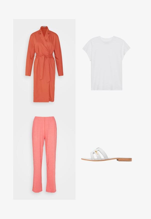 87Origins DUSTER - Gabardina - coral; Camiseta blanca de manga corta con cuello redondo, corte relajado, hecha de suave tela de algodón. Textura lisa, sin estampados ni logotipos.; American Vintage VAM - Pantalones - fraisier; Sandalia deslizante de cuero gris con tres correas cortadas, suela de madera plana y un acento dorado del logo en la correa superior.