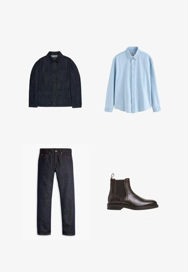 Chaqueta vaquera azul oscuro con cierre de botones, cuello puntiagudo, dos bolsillos frontales inferiores y un bolsillo en el pecho.; Camisa de mezclilla azul claro de manga larga con botones y cuello, botones blancos, talla mediana, exhibida sobre un fondo blanco.; Vaqueros de denim azul oscuro con corte recto, diseño de cinco bolsillos, remaches de cobre, costuras amarillas y una tela texturizada distintiva.; Botín Chelsea de cuero marrón con paneles laterales elásticos, tirador en bucle y un tacón bajo apilado. Textura suave y silueta elegante.