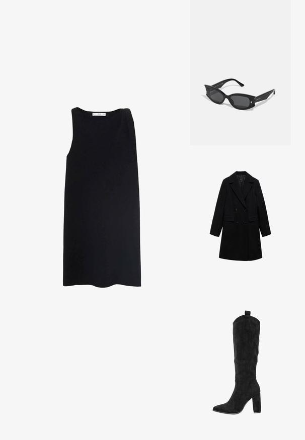 Sort uldblandings dobbeltradet frakke med notch-lapel, to forlommer og sorte knapper, med et glat, struktureret design.; Sort ærmeløs kjole med asymmetrisk design, glat tekstur, knælang og en subtil drapering på den ene skulder. Ingen synlige lukninger.; Knæhøje sorte støvler i ruskind med spids tå, tyk blokhæl og syninger på siderne. Træksnor øverst for nem påtagning.; Sorte katteøje-solbriller med tykke rammer, grå linser og små dekorative metaldetaljer. Glat plastmateriale, vinkelret design.