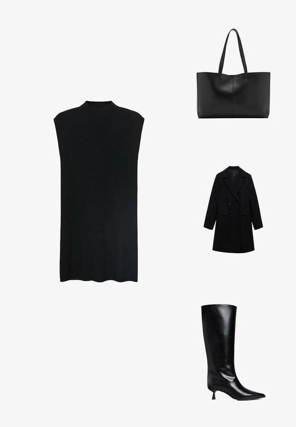 Sort uldblandings dobbeltradet frakke med notch-lapel, to forlommer og sorte knapper, med et glat, struktureret design.; Sort ærmeløs tunika med høj halsudskæring, blødt stof, løs pasform og lige silhuet. Nederste kant er let buet.; Sort læderknæhøje støvler med spidse tæer, slank silhuet og en lav blokhæl med en blank finish.; Sort læder tote taske med to lange stropper, et slankt design og subtile syninger langs midtersømmen. Glat tekstur.