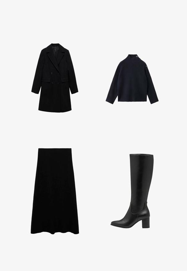 Sort uldblandings dobbeltradet frakke med notch-lapel, to forlommer og sorte knapper, med et glat, struktureret design.; Marineblå ribstrikket rullekravesweater med høj krave, tre metal trykknapper på skulderen og løstsiddende ærmer.; Sort midi-nederdel, glat tekstur, flagrende design, knælængde med en tætsiddende talje, uden synlige mønstre eller udsmykninger.; Sorte knæhøje støvler lavet af glat læder. De har en spids tå, blokhæle og elastiske sidepaneler for nem påtagning.