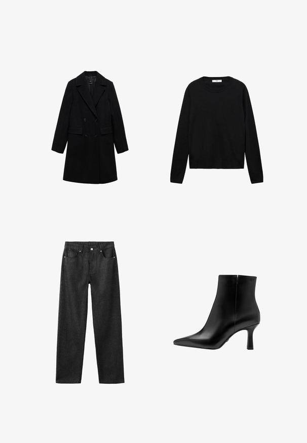 Schwarzer Wollmix-Doppelreiher mit Reverskragen, zwei vorderen Taschen und schwarzen Knöpfen, der ein glattes, strukturiertes Design aufweist.; Schwarzer Langarmpullover aus weichem Material mit Rundhalsausschnitt und gerippten Bündchen, der ein einfaches und gerades Schnittdesign aufweist.; Schwarze Jeans mit geradem Bein, fünf Taschen, silberner Hardware und glatter Textur.; Schwarze Leder-Stiefelette mit spitzer Zehe, hohem Stiletto-Absatz, glatter Textur und minimalistischem Design. Verfügt über einen Reißverschluss auf der Rückseite.