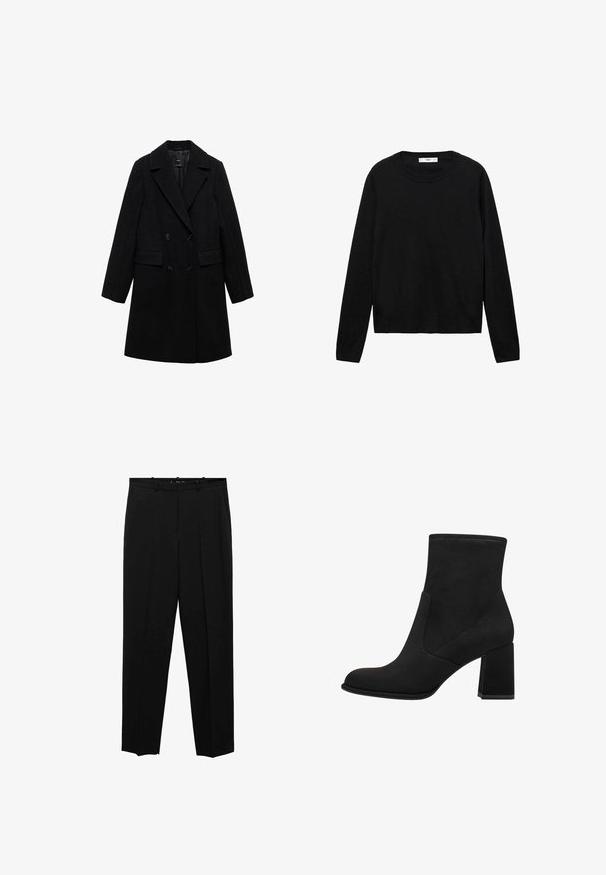 Schwarzer Wollmix-Doppelreiher mit Reverskragen, zwei vorderen Taschen und schwarzen Knöpfen, der ein glattes, strukturiertes Design aufweist.; Schwarzer Langarmpullover aus weichem Material mit Rundhalsausschnitt und gerippten Bündchen, der ein einfaches und gerades Schnittdesign aufweist.; Schwarze, maßgeschneiderte Stoffhosen mit geradem Bein, Frontfalten, einer glatten Textur und einem Standardbund mit Gürtelschlaufen.; Schwarze Knöchelstiefel mit Blockabsatz, aus weichem Wildleder. Mit einer abgerundeten Zehe und glatten Seitenpaneelen mit detaillierter Naht.