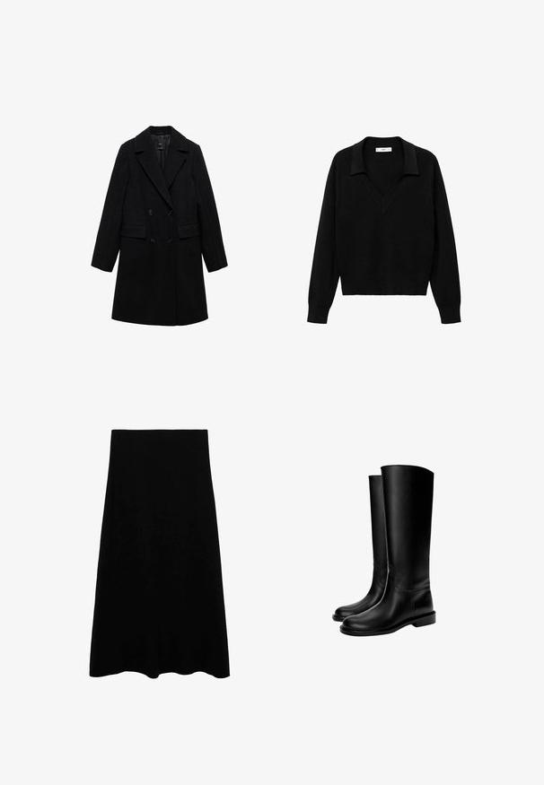 Sort uldblandings dobbeltradet frakke med notch-lapel, to forlommer og sorte knapper, med et glat, struktureret design.; Sort pullover sweater med V-udskæring og krave. Lavet af blødt stof, den har lange ærmer og en afslappet pasform.; Sort midi-nederdel, glat tekstur, flagrende design, knælængde med en tætsiddende talje, uden synlige mønstre eller udsmykninger.; Sorte knæhøje læderstøvler med en glat tekstur, rund tå, flad sål og minimalistisk design, der har syede sømme og ingen synlige metaldele.