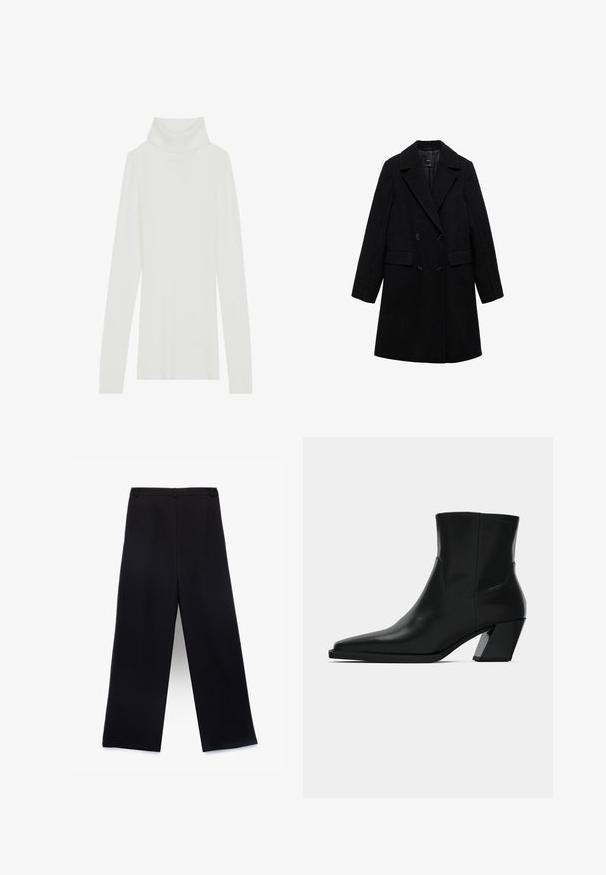 Sort uldblandings dobbeltradet frakke med notch-lapel, to forlommer og sorte knapper, med et glat, struktureret design.; Hvid ribbet turtle neck striktrøje med lange ærmer, blød tekstur og høj rullekrave, der har en tætsiddende design uden synlige lukninger.; Sorte bukser med vid benvidde og skræddersyet talje, folder foran, glat tekstur og ingen synlig hardware eller lommer.; Sortlæder ankelstøvle med spids tå, en slank silhuet og en kraftig firkantet hæl. Glat tekstur med minimale stikninger.
