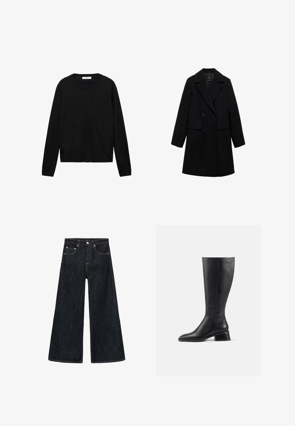 Sort uldblandings dobbeltradet frakke med notch-lapel, to forlommer og sorte knapper, med et glat, struktureret design.; Sort langærmet sweater lavet af blødt materiale med rund hals og ribbede manchetter, med et enkelt og lige snit design.; Bredde jeans i mørk denim med høj talje, der har to forlommer, en knaplukning og kontrastsyning.; Støvle i sort læder, der går til knæene, med rund tå og lav blokhæl. Har en glat tekstur og minimal syning.