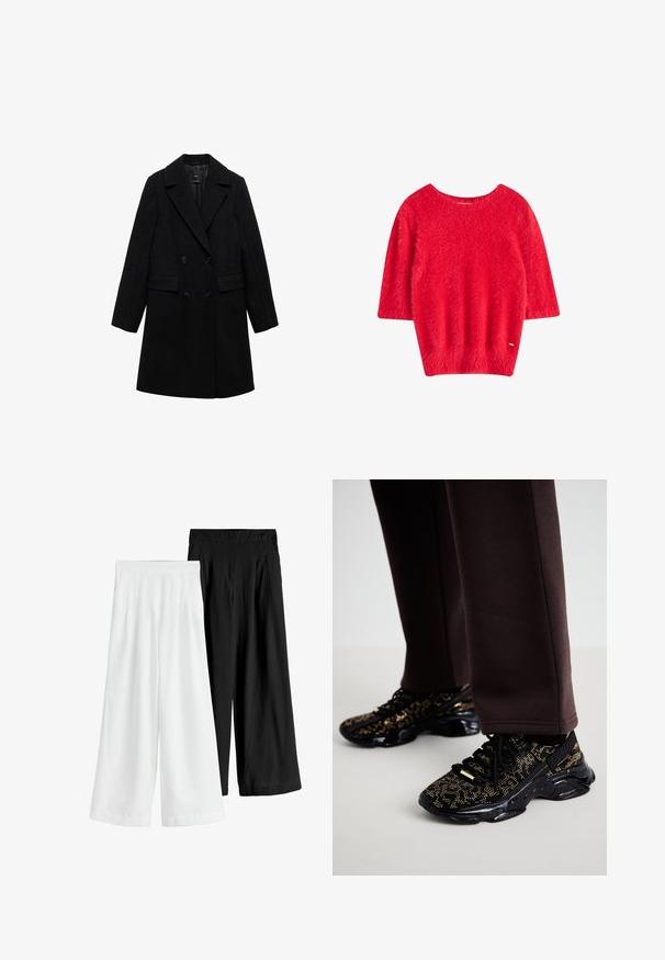 Manteau noir en mélange de laine à double boutonnage avec des revers crantés, deux poches avant et boutons noirs, arborant un design lisse et structuré.; Pull court rouge en peluche à manches courtes avec un large décolleté. La texture est douce et aérée, avec un petit logo près de l'ourlet.; Pantalon large à jambes larges blanc et noir, doté d'une ceinture élastique, de plis et d'un tissu léger au toucher lisse.; Des baskets noires avec des éclats dorés, une surface texturée et une semelle noire épaisse. Associées à un pantalon de survêtement brun, montrant un design ajusté.