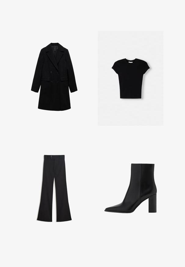 Sort uldblandings dobbeltradet frakke med notch-lapel, to forlommer og sorte knapper, med et glat, struktureret design.; Sort kortærmet t-shirt lavet af bomuld. Tætsiddende design, rund hals og glat tekstur. Ingen mønstre eller ekstra hardware synligt.; Sorte vidde bukser med høj talje, dobbelte knapper ved linningen og lynlås foran, lagt fladt på en hvid baggrund.; Sorte læder ankelstøvler med spidse tæer, firkantet hæl, glat tekstur og syningsdetaljer langs sømmene. Hælene måler cirka 9 cm.