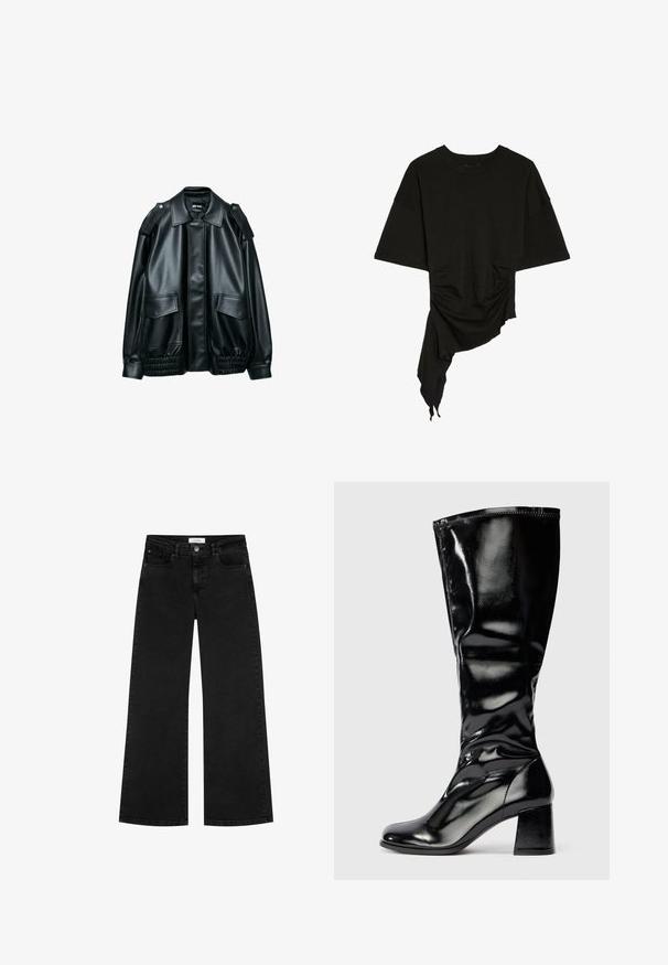 Veste en similicuir noir avec large col, épaulettes, poches à rabat sur le devant et ourlet élastique froncé, posée à plat sur un fond blanc.; Top noir à manches courtes avec encolure ronde, ourlet asymétrique, fronces latérales et tissu drapé d’un côté.; Jean large noir taille haute avec poches avant et poches à monnaie, fermeture à bouton et passants de ceinture.; Botte noire brillante jusqu'au genou avec un talon carré et un bout rond, finition lisse et brillante, avec un léger motif texturé sur le talon et la tige.
