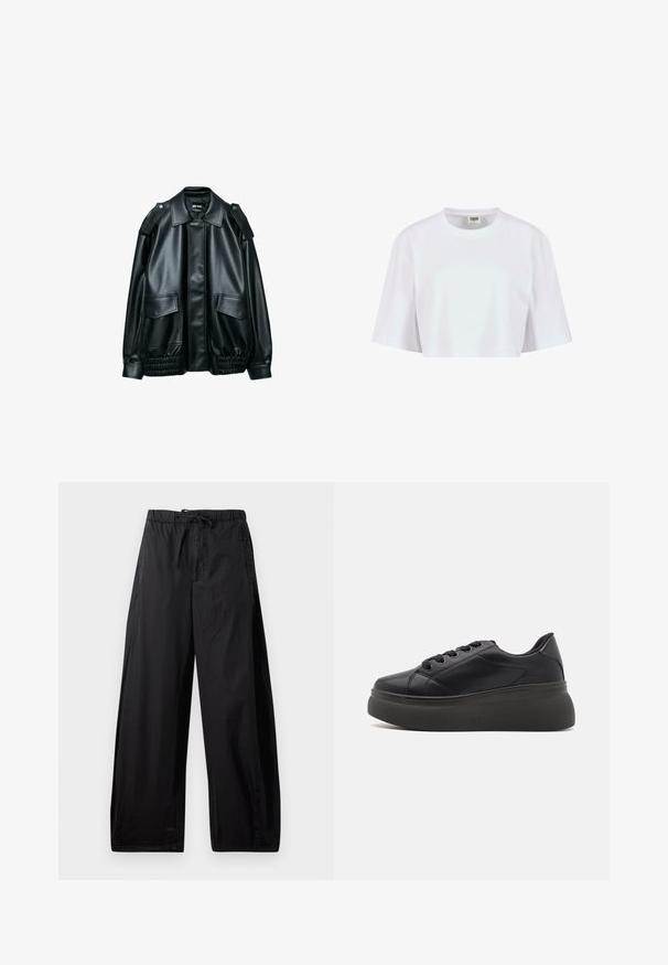 Sort jakke i imiteret læder med bred krave, skulderpuder, forlommer med klap og elastisk, rynket kant, lagt fladt på hvid baggrund.; Hvid cropped t-shirt lavet af blødt bomuld. Har en rund halsudskæring og korte ærmer med en afslappet pasform, ingen synlige mønstre eller hardware.; Sorte, lette bukser med elastisk talje og snøre, der har en løs pasform og en glat overflade. Ingen synlige mønstre eller metaldele.; Sorte sneakers med en glat, syntetisk overdel, rund tå og seks snørrehuller. Har en tyk, struktureret sål for greb og støtte.