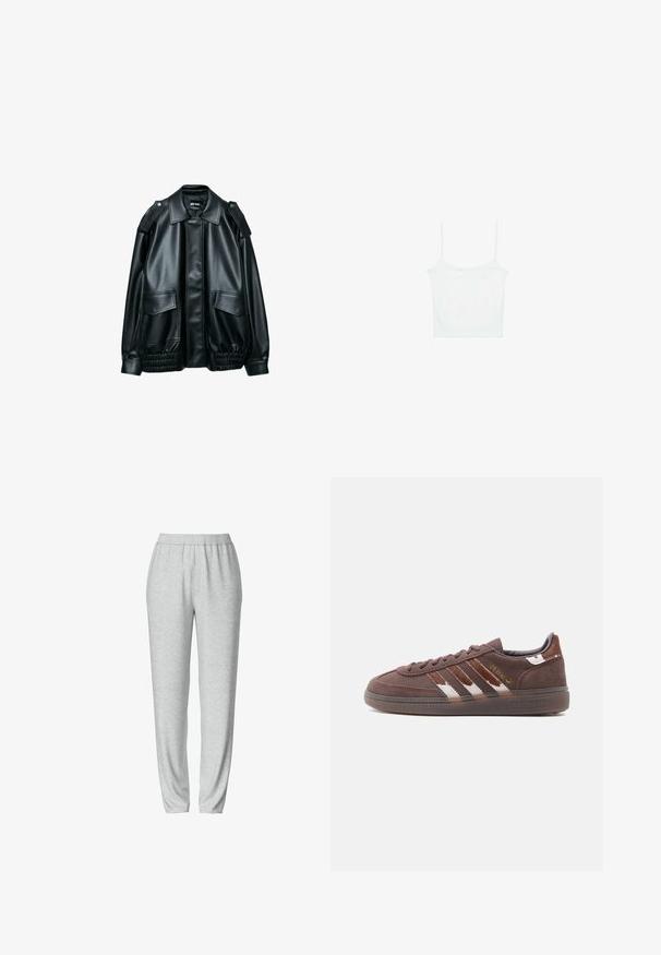 Sort jakke i imiteret læder med bred krave, skulderpuder, forlommer med klap og elastisk, rynket kant, lagt fladt på hvid baggrund.; Stradivarius Top - white; Grå sweatsbukser med elastisk talje, tætsiddende bendesign, blød tekstur og ingen synlige mønstre eller hardware detaljer.; Brun ruskind Adidas-sneaker med hvide og mørkere brune striber, lavprofilsål og guldfarvet "Spezial"-tekst på siden.
