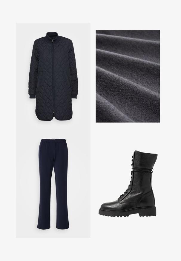 Gepatchter dunkelblauer langer Mantel mit einem Frontreißverschluss, geripptem Kragen und Bündchen, seitlichen Taschen und einer rautenförmigen Textur.; Dunkelgrauer Stoff mit glatter Textur und dezenten Rippungen, in sanften Falten angeordnet, wodurch ein weiches und vielseitiges Material betont wird.; Marineblaue, gerade geschnittene Hose aus dehnbarem Stoff mit elastischem Bund und zwei Taschen vorne. Glatte Textur, keine sichtbaren Muster.; Schwarze Lederkampfstiefel mit strukturierter Oberfläche, knielanger Ausführung, schnürbarem Vorderteil und einer robusten Gummisohle mit geriffeltem Muster.
