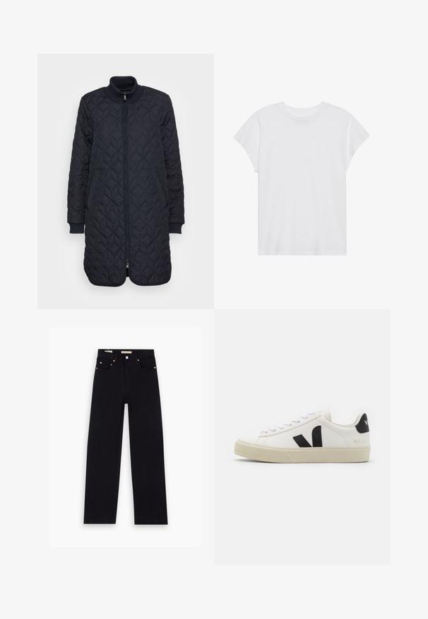 Quiltet navy blue lang jakke med frontlynlås, ribbet krave og cuffs, med sidelommer og en diamantmønster tekstur.; Hvid kortærmet t-shirt med rund hals, afslappet pasform, lavet af blødt bomuldsstof. Glat tekstur, ingen mønstre eller logoer.; Sorte denim jeans med lige pasform, fem lommer, kobberdetaljer og en glat tekstur. To mærker synlige på taljebåndet.; Hvide lædersneakers med sort gummiv V-logo. Tekstureret off-white sål, hvide snørebånd og bagside med brandnavn i sort.