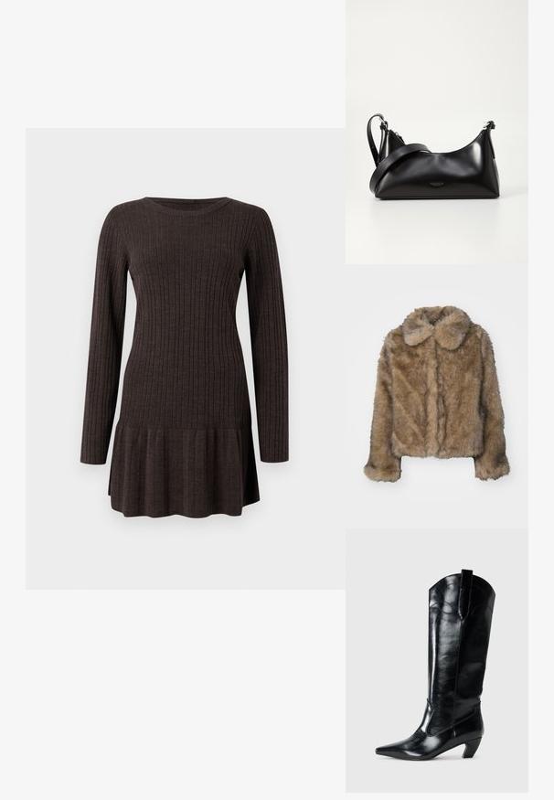 Chaqueta corta de imitación de piel de marta marrón, con cuello redondeado, mangas largas y una superficie suave y texturizada. Detalles de costura sutiles a lo largo del frente.; Vestido marrón acanalado con mangas largas, que presenta un dobladillo acampanado. Está hecho de un material suave y texturizado, que proporciona una silueta ajustada.; Botas de cuero negras hasta la rodilla con punta afilada, tacón bajo y detalle de costura decorativa en los laterales. Acabado suave y brillante.; Bolso de mano de cuero negro con una textura suave. Cuenta con una correa ajustable y un diseño elegante y minimalista con cierre de cremallera.