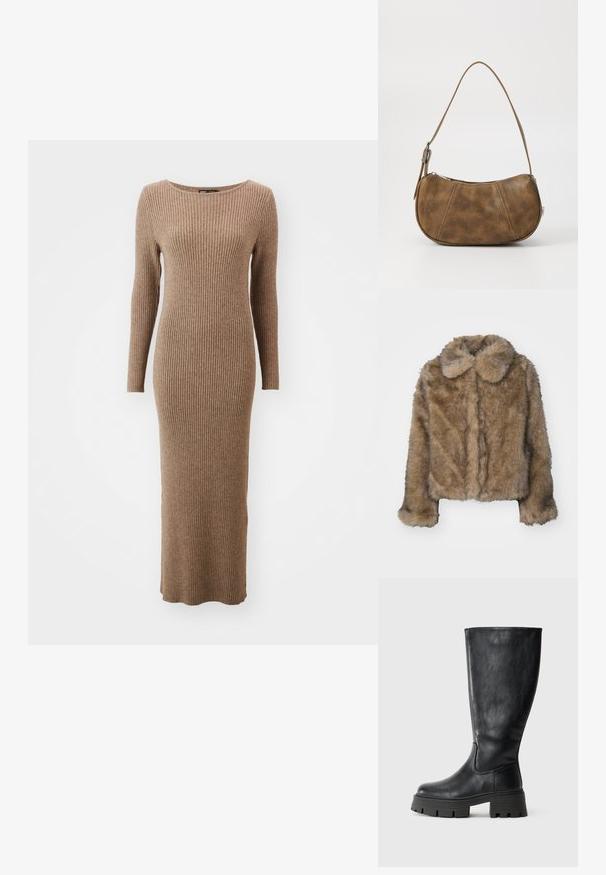 Brun kunstpels cropped jakke med en rund krave, lange ærmer og en blød, tekstureret overflade. Subtil sømdetaljering langs fronten.; Langærmet ribbet kjole i en varm brun farve med rund halsudskæring og en tætsiddende pasform, der strækker sig til anklerne.; Sorte knæhøje støvler i glat læder med en tyk, tekstureret sål og diskrete syninger langs den ydre side.; Brun faux læder skuldertaske med en buet form, en enkelt strop, kontrasterende syninger og en lynlåslukning langs den øverste kant.
