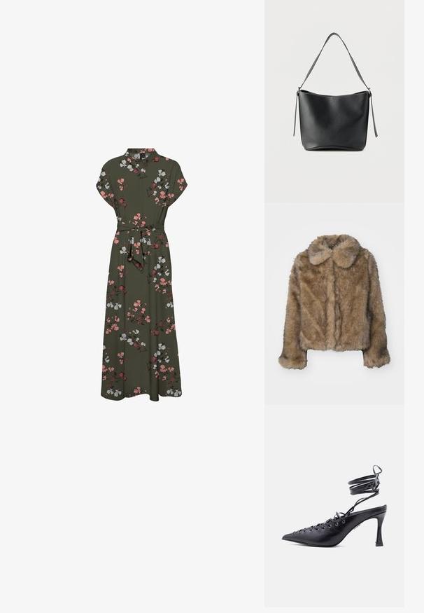 Brun kunstpels cropped jakke med en rund krave, lange ærmer og en blød, tekstureret overflade. Subtil sømdetaljering langs fronten.; Maxi kjole med blomstermønster i mørkegrøn, der har korte ærmer, krave, en bælte om taljen og en svajende silhuet med pink og hvide accenter.; Sort spids tå højhælet sko med omsluttende ankelremme og flere snørehuller foran til snøring.; Sort skuldertaske i læder med en enkelt bred strop og diskrete sølvfarvede detaljer på en ensartet hvid baggrund.