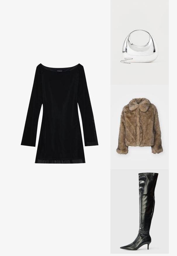 Brun kunstpels cropped jakke med en rund krave, lange ærmer og en blød, tekstureret overflade. Subtil sømdetaljering langs fronten.; Sort langærmet kjole med off-shoulder halsudskæring, glat tekstur og en svævende silhuet. Har gennemsigtige detaljer ved kanten.; Knæhøje sorte læderstøvler med en blank finish, spidse tæer og en slank stilettohælt. Har en tætsiddende top med syningsdetaljer.; Skinnende sølvfarvet metallisk håndtaske med rund form, ovalt udskåret håndtag og en sølvkæde som rem på en ensfarvet lys baggrund.