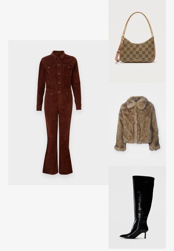 Braune Kunstfell-gekürzte Jacke mit rundem Kragen, langen Ärmeln und einer weichen, strukturierten Oberfläche. Subtile Nahtdetails an der Vorderseite.; Brauner Corduroy-Overall mit Kragen, langen Ärmeln, lässigen Beinen, Brusttaschen und metallischen Knopfakzenten. Glatte Textur und taillierter Schnitt.; Knöchehohe schwarze Stiefel mit einer glänzenden Krokodilprägung. Spitz zulaufende Zehen und dünner Absatz; mit einem seitlichen Reißverschluss zum Verschließen.; DKNY-Umhängetasche mit braunem Logomuster, goldfarbenen Beschlägen, strukturierter Oberfläche und abnehmbarem hellbraunem Schulterriemen.
