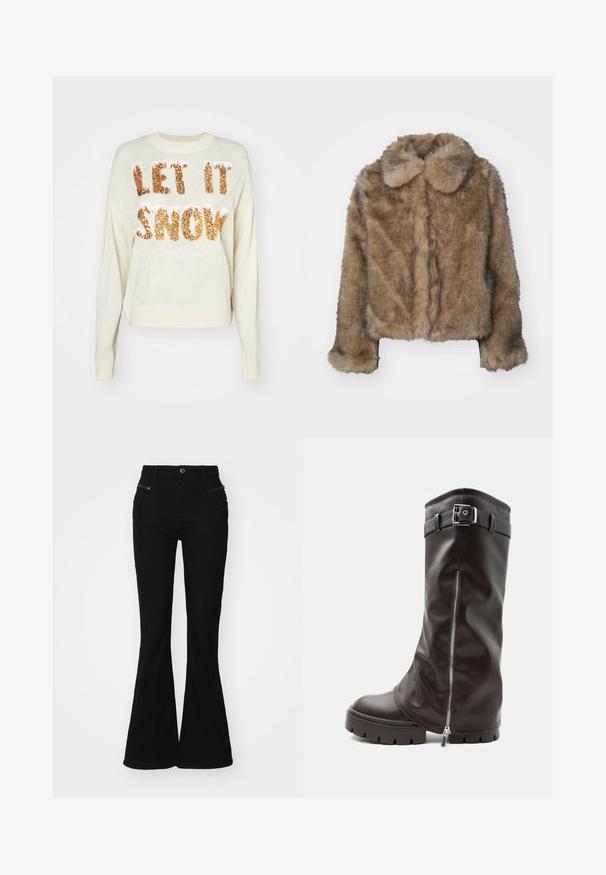 Veste cropped en fausse fourrure marron avec un col arrondi, des manches longues et une surface douce et texturée. Détails de couture subtils sur le devant.; Pull crème avec le texte "LAISSEZ NEIGER" en sequins dorés étincelants, doté d'un col rond et de poignets et d'un ourlet côtelés.; Jean flare noir à taille haute, avec poches avant et détails zippés. Fabriqué en denim avec une texture lisse.; Botte haute en cuir marron foncé avec semelle épaisse, fermeture éclair latérale et bride à la cheville avec boucle argentée, présentée sur fond blanc.