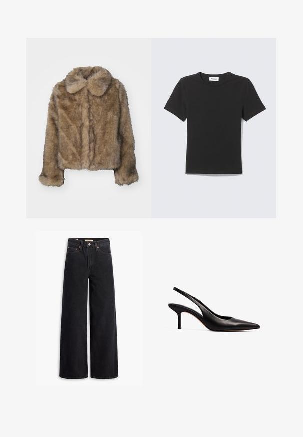 Braune Kunstfell-gekürzte Jacke mit rundem Kragen, langen Ärmeln und einer weichen, strukturierten Oberfläche. Subtile Nahtdetails an der Vorderseite.; Schwarzes kurzärmeliges T-Shirt mit Rundhalsausschnitt, flach liegend mit kleinem weißem Etikett innen im Kragen vor hellem Hintergrund.; Schwarze weite Jeans aus Denim mit fünf Taschen, Kupferrivets und einem klassischen Knopfverschluss. Glatte Textur mit einem klaren Design.; NA-KD Pumps - black