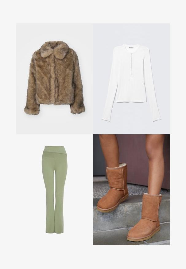 Chaqueta corta de imitación de piel de marta marrón, con cuello redondeado, mangas largas y una superficie suave y texturizada. Detalles de costura sutiles a lo largo del frente.; Camiseta Henley blanca de manga larga con cuello redondo y una fila vertical de pequeños botones en el centro delantero.; Pantalones ajustados verdes con una cinturilla ancha y un diseño de pierna acampanada. Textura de tela suave, diseñados para la comodidad y flexibilidad.; Botas de tobillo de ante marrón con punta redonda, forro suave y suela de goma, con detalles de costura visibles a lo largo de las costuras.