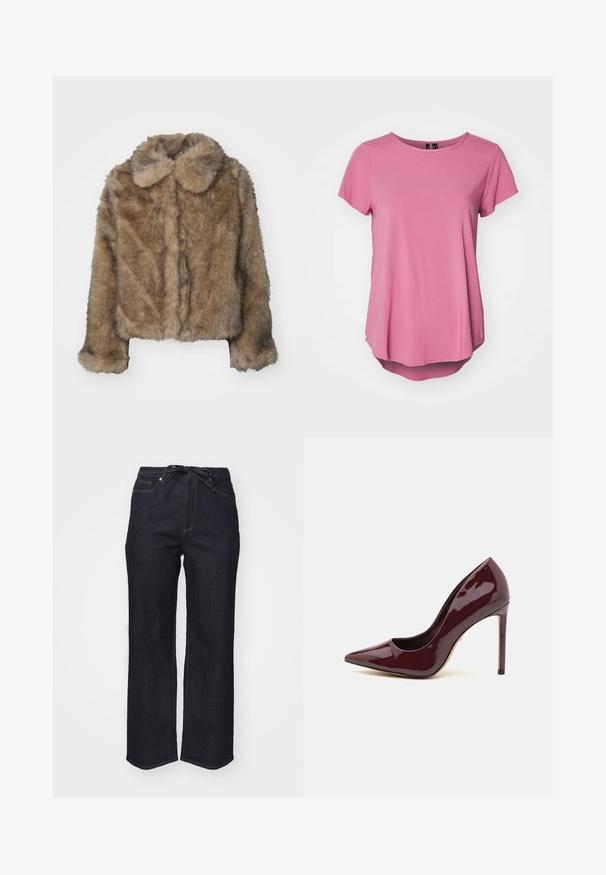 Brun kunstpels cropped jakke med en rund krave, lange ærmer og en blød, tekstureret overflade. Subtil sømdetaljering langs fronten.; Lyserød t-shirt med korte ærmer og rund halsudskæring, afslappet pasform og en lidt længere baghem. Fremstillet af blødt, glat stof.; Mørkeblå denimbukser med høj talje, vide ben og et bælte med sløjfe. Har standard syninger og en pæn kant.; Vinsfarvet patentlæder hæl med spids tå, en glat overflade og en slank stiletto hæl.