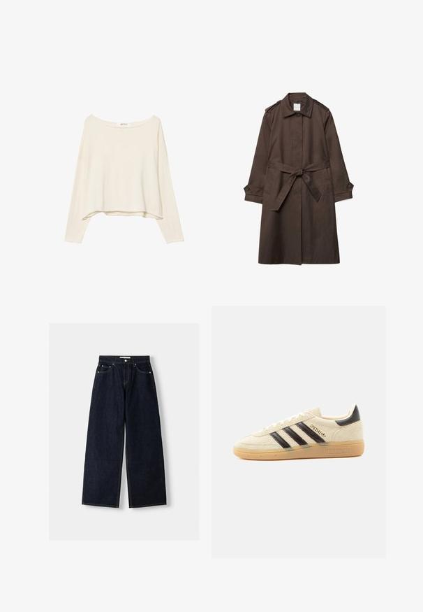 Lang mørkebrun trenchcoat med krave, knapper foran, bælte i taljen, knappede manchetter og skulderstropper.; Lys beige cropped sweatshirt med bred halsudskæring, lange ærmer og et blødt, tekstureret stof. Har en afslappet, boxy pasform.; Mørkeblå denim wide-leg jeans med høj talje, fem lommer, kontraststing og sølvfarvet metalbeslag. Glat overflade og pæn finish.; Kremfarvet ruskindssneaker med sorte striber, gummisål, sort hælstrop og gyldent "SPEZIAL"-tekst på siden.