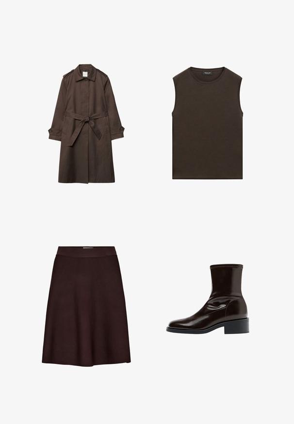 Long manteau trench marron foncé avec col, bouton frontal, taille ceinturée, poignets boutonnés et épaulettes.; Haut sans manches marron foncé à col rond avec une étiquette à l'intérieur du col indiquant Massimo Dutti, présenté sur fond blanc.; Jupe trapèze marron foncé avec une ceinture ajustée, en tissu lisse et texturé, présentée sur fond blanc.; Bottine en cuir marron foncé avec bout carré, petit talon bloc et détail surpiqué autour du bord supérieur, vue de profil.