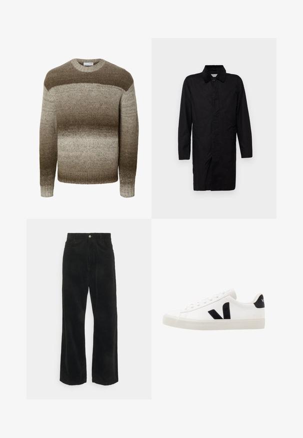 Selected SLHWALTER WAXED - Korte frakker - black; Langærmet strikket sweater med rund hals med horisontale gradientstriber i nuancer af brun og beige.; Sorte cordfløjsbukser med vide ben og en glat tekstur, med knaplukning foran og to sidelommer.; Hvide lædersneakers med sorte ruskindsdetaljer; har en gummisål, rund tå og klassisk snørebåndsdesign. Side logo i sort.