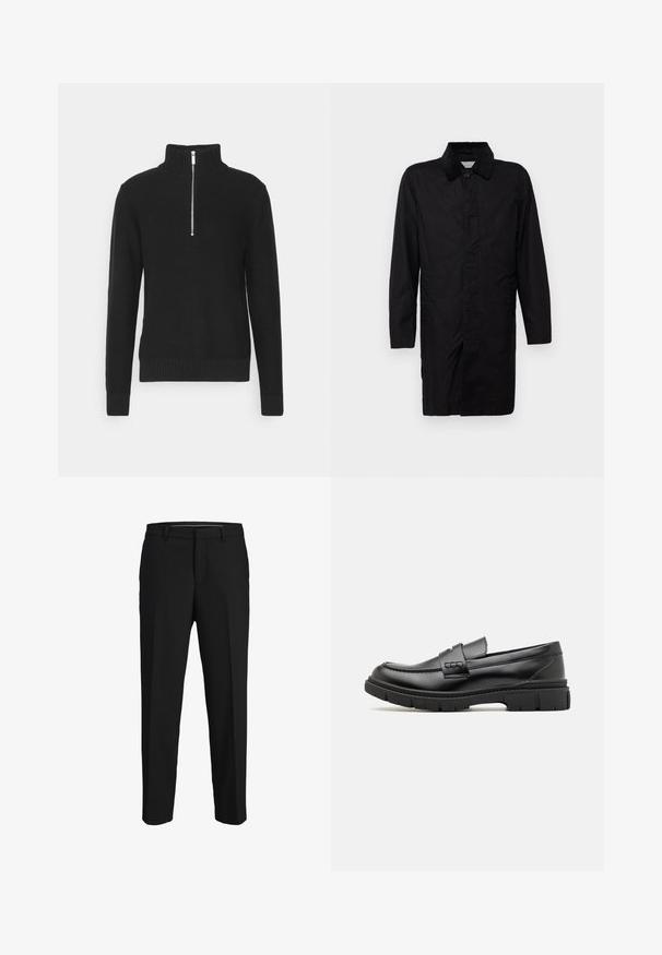 Selected SLHWALTER WAXED - Kurzmantel - black; Schwarzer Strickpullover mit hohem Kragen, Reißverschluss, gerippten Bündchen und Saum, der eine glatte Textur und eine taillierte Silhouette aufweist.; Schwarze Hose aus glattem Material, mit geradem Schnitt, Gürtelschlaufen und flachem Vorderteil ohne sichtbare Muster oder Verzierungen.; Schwarze Lederloafer mit einem breiten Riemen über dem Rist, Gummisohle mit dicken Profilen und glatter Textur. Klassisches, schlankes Design.