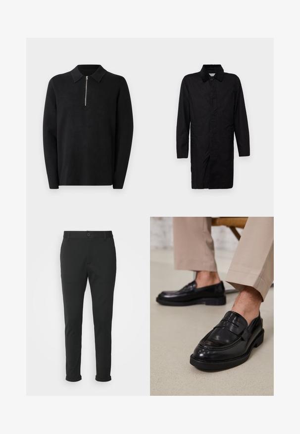 Selected SLHWALTER WAXED - Korte frakker - black; Sort pullover med lange ærmer og lynlås i kraven. Lavet af blødt stof, der har en glat tekstur og et enkelt, minimalistisk design.; Sorte bukser lavet af et glat stof med lige pasform. Har en enkelt knaplukning og opspejdede manchetter.; Sorte lædermokkasiner med en glat overflade, der har en dekorativ rem og kontraststing, parret med beige bukser.