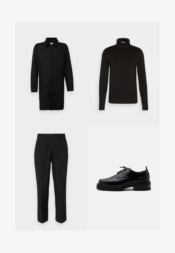 Selected SLHWALTER WAXED - Korte frakker - black; Sort turtleneck langærmet skjorte lavet af et glat stof med en tætsiddende design og en høj, tætsiddende krave. Ingen mønstre eller accenter synlige.; Sorte bukser lavet af glat stof, med lige ben design, forlommer, en enkelt knaplukning, og uden synlige mønstre.; Sort poleret læder snørestøvle med tyk gummisål og lav hæl, sideskilt med mærketekst "SAMSOE" og bageste træksnor.
