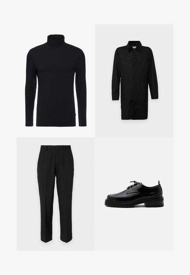 Selected SLHWALTER WAXED - Krátky kabát - black; Čierny dlhý rukáv turtleneck s mäkkou a elastickou látkou. Má priliehavý strih a hladkú textúru. Bez viditeľných vzorov alebo akcentov.; Čierne nohavice z hladkej tkaniny s rovnými nohavicami, prednými vreckami, jedným gombíkom na zapínanie a bez viditeľných vzorov.; Čierna leštená kožená šnurovacia obuv s hrubou gumovou podrážkou a nízkym podpätkom, bočný nápis značky "SAMSOE" a zadné ťahadlo.