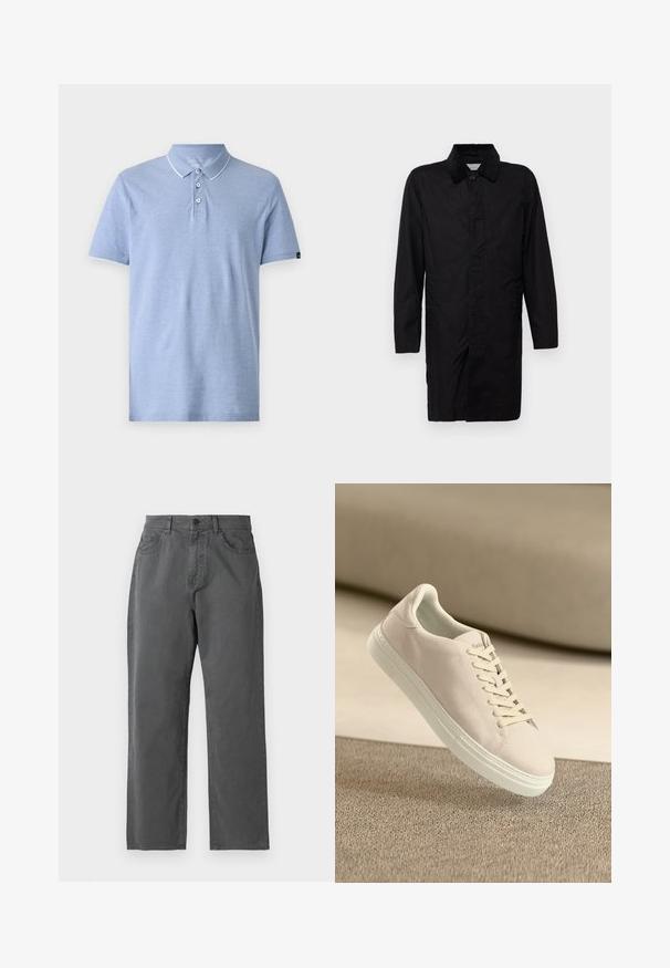 Selected SLHWALTER WAXED - Lühike jakk - black; Heled sinine polo-särk, mis on valmistatud pehmest kangast. Omab krae, kolme nuppu ning valget äärist krael ja varrukatel. Klassikaline lõige.; Sirged tumedad hallid püksid esitaskute, nööpidega sulgemise, vööaasade ja lukuga esiküljel ühevärvilisel taustal.; Bežist suède sneakers valgete tallaga ja valgete paelatega, kujutatuna hõljumas tekstureeritud bežikarva vaiba kohal pehme bežitausta vastu.