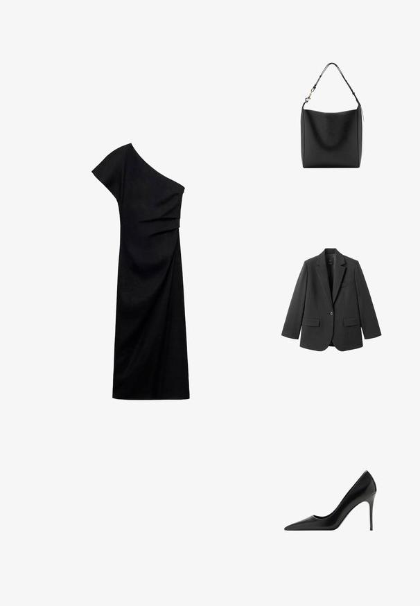 Blazer noir en tissu lisse, doté d'un revers cranté, d'une fermeture à un bouton et de deux poches avant. Design simple et ajusté.; Robe noire à une épaule, avec un design drapé, une texture lisse, une coupe mi-genoux et un détail en torsion sur le côté pour une touche supplémentaire.; Chaussure à talon haut en cuir noir avec un bout pointu, texture lisse et un talon aiguille fin. Présente un design épuré et minimaliste.; Sac à bandoulière en cuir noir avec un large compartiment principal et une sangle réglable dotée d'une boucle en métal doré.