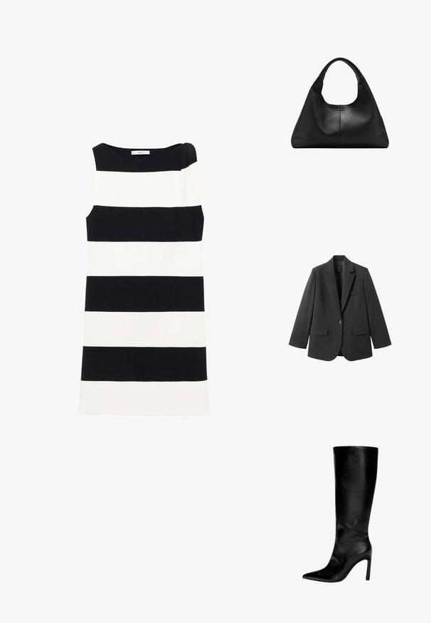 Blazer noir en tissu lisse, doté d'un revers cranté, d'une fermeture à un bouton et de deux poches avant. Design simple et ajusté.; Robe sans manches avec de larges rayures horizontales noires et blanches, un col rond et un détail unique aux épaules. Texture de tissu lisse.; Botte en cuir noir montée jusqu'au genou, avec un bout pointu, un talon aiguille haut, une finition lisse et un design simple et épuré sans ornements.; Sac à main en cuir noir texturé avec une base large et des anses épaisses et arrondies, présentant une couture verticale centrale et des détails de surpiqûres subtils.