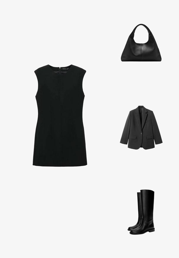 Schwarzer Blazer aus glattem Stoff mit Reverskragen, Ein-Knopf-Verschluss und zwei Vorderentaschen. Einfaches, maßgeschneidertes Design.; Schwarzes ärmelloses Kleid mit rundem Ausschnitt, Reißverschluss vorne und taillierten Nähten für eine strukturierte Silhouette. Glatte Stoffoberfläche.; Schwarze knielange Lederstiefel mit glatter Textur, runder Zehenform, flacher Sohle und minimalistischem Design, mit genähten Nähten und ohne sichtbare Beschläge.; Schwarze Handtasche aus strukturiertem Leder mit breitem Boden und dicken, abgerundeten Griffen, ausgestattet mit einer zentralen vertikalen Naht und feinen Steppnähten.