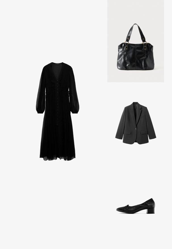 Blazer noir en tissu lisse, doté d'un revers cranté, d'une fermeture à un bouton et de deux poches avant. Design simple et ajusté.; Robe maxi noire en tissu transparent, avec des manches longues, un décolleté en V profond, une fermeture à boutons sur le devant et des détails froncés à la taille.; Escarpin en cuir noir avec un bout arrondi, un détail de nœud décoratif sur le cou-de-pied et un petit talon carré avec un accent métallique.; Sac à épaule en cuir noir avec double anses attachées par des anneaux et rivets dorés, surface lisse et légèrement brillante, design simple.